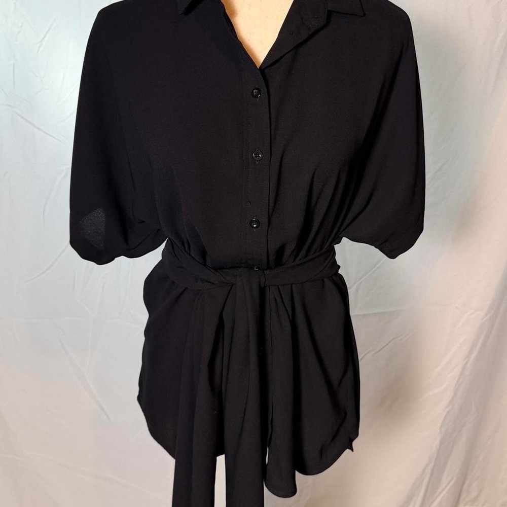 Black C/MEO Collective flowy shirt with thick tie waist.